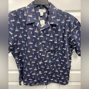 J. Crew Vintage Men’s Sail Boat Nautical Pattern Shirt Button 90s Blue Cotton LG